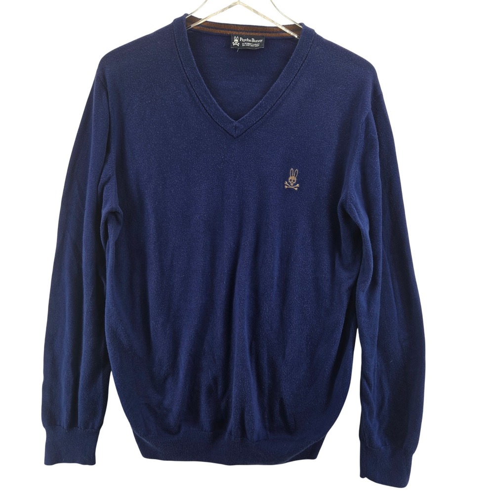 Psycho Bunny Mens Navy Blue 100% Pima‎ Cotton V-Neck Logo Sweater Made in Peru